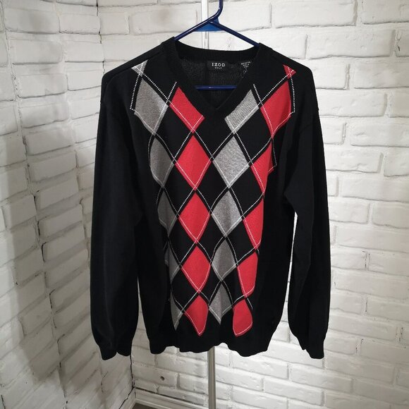 Izod Golf Men's Size Large Red Black & Grey Argyle Loose Fit V-neck Sweater - Picture 1 of 7